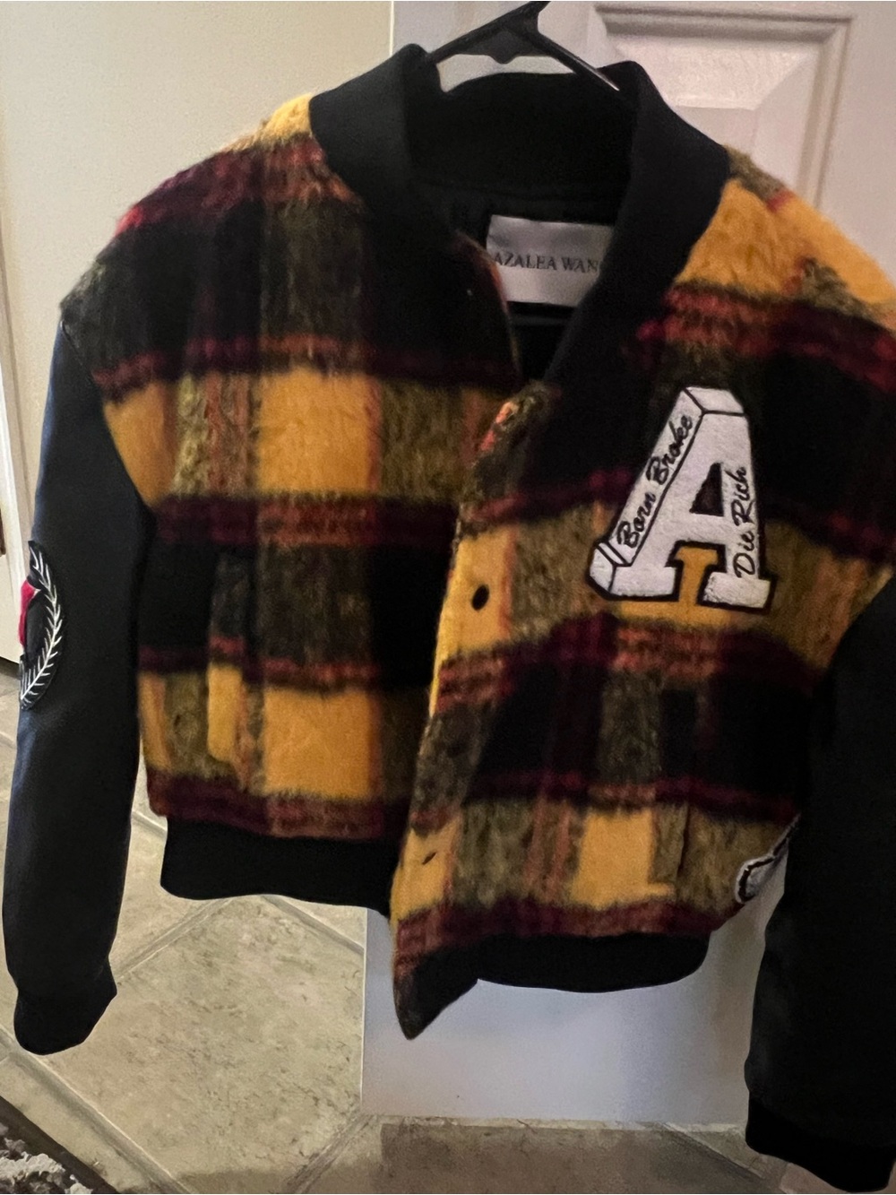 Azalea Wang Yellow Plaid Bomber Jacket with Black Sleeves